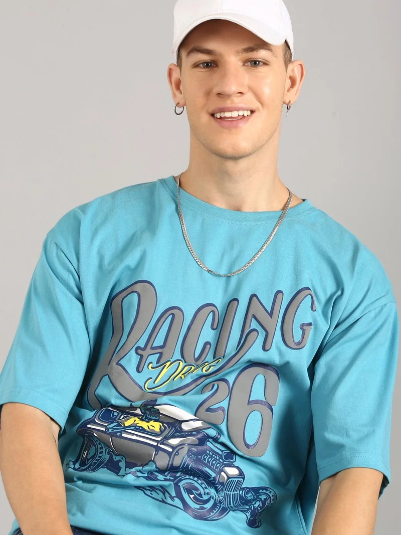 جوفن تيشيرت رجالي قطن خالص واسع مطبوع باللون الأزرق السماوي